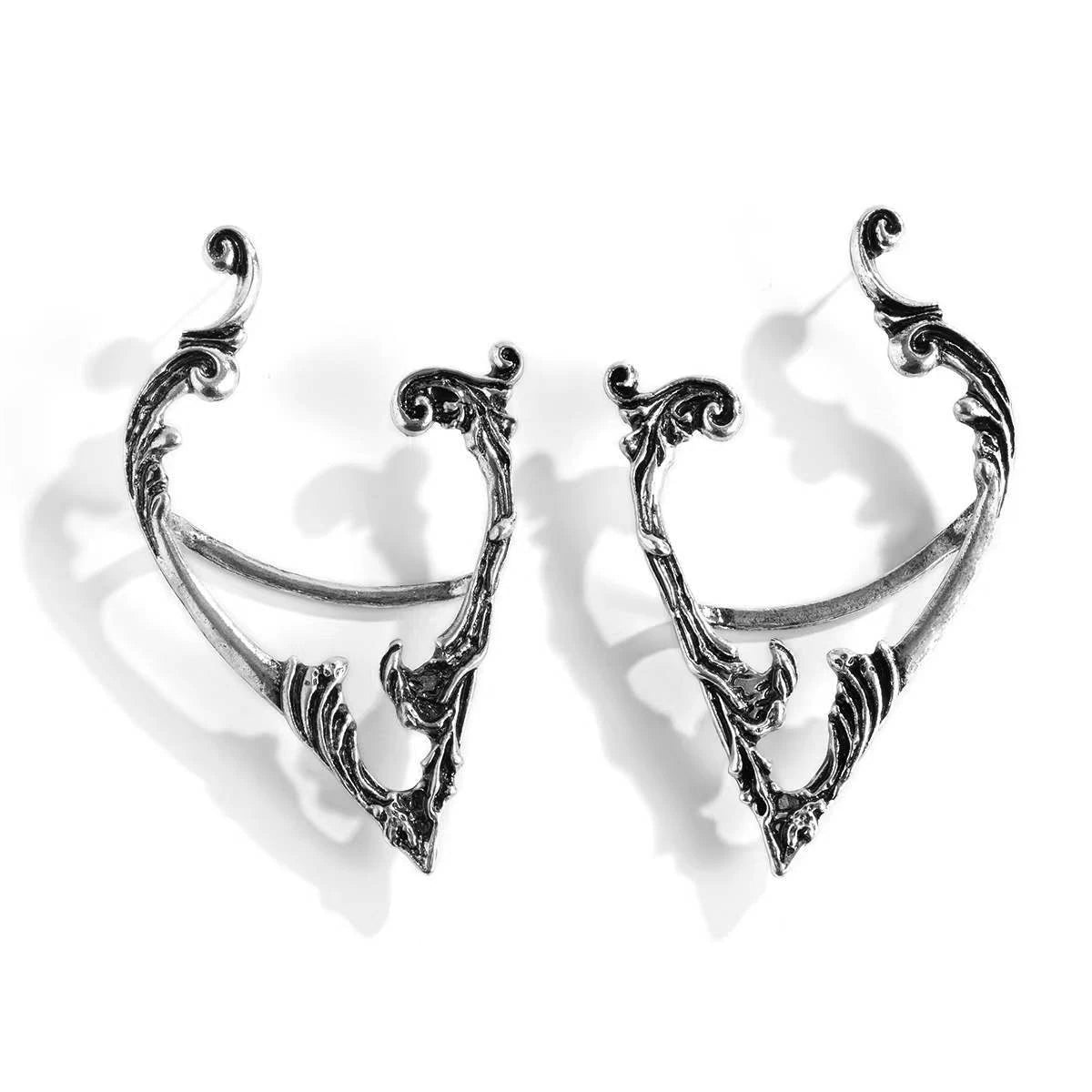 Pair of antique silver-tone elf ear cuffs with ornate scroll details