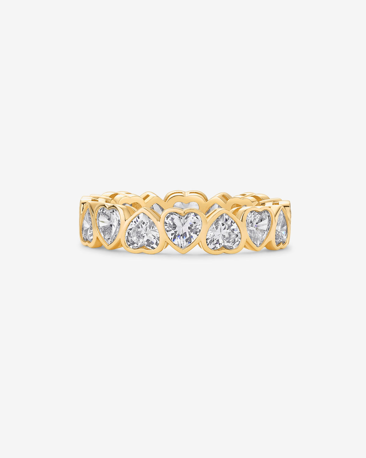 A gold-tone eternity ring with clear heart-shaped stones shown from the front (PAVOI reference image; supplier appearance awaits verification)