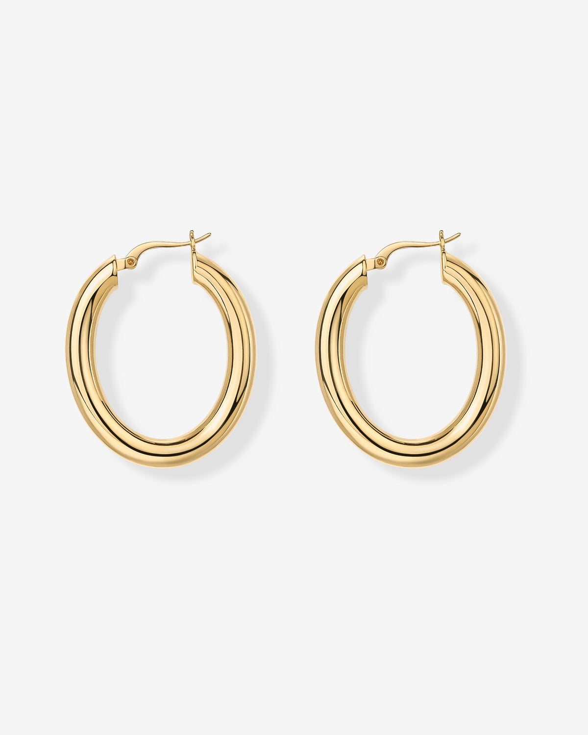 Gold-tone oval hoop earrings arranged with open clasps (PAVOI reference image; supplier appearance awaits verification)