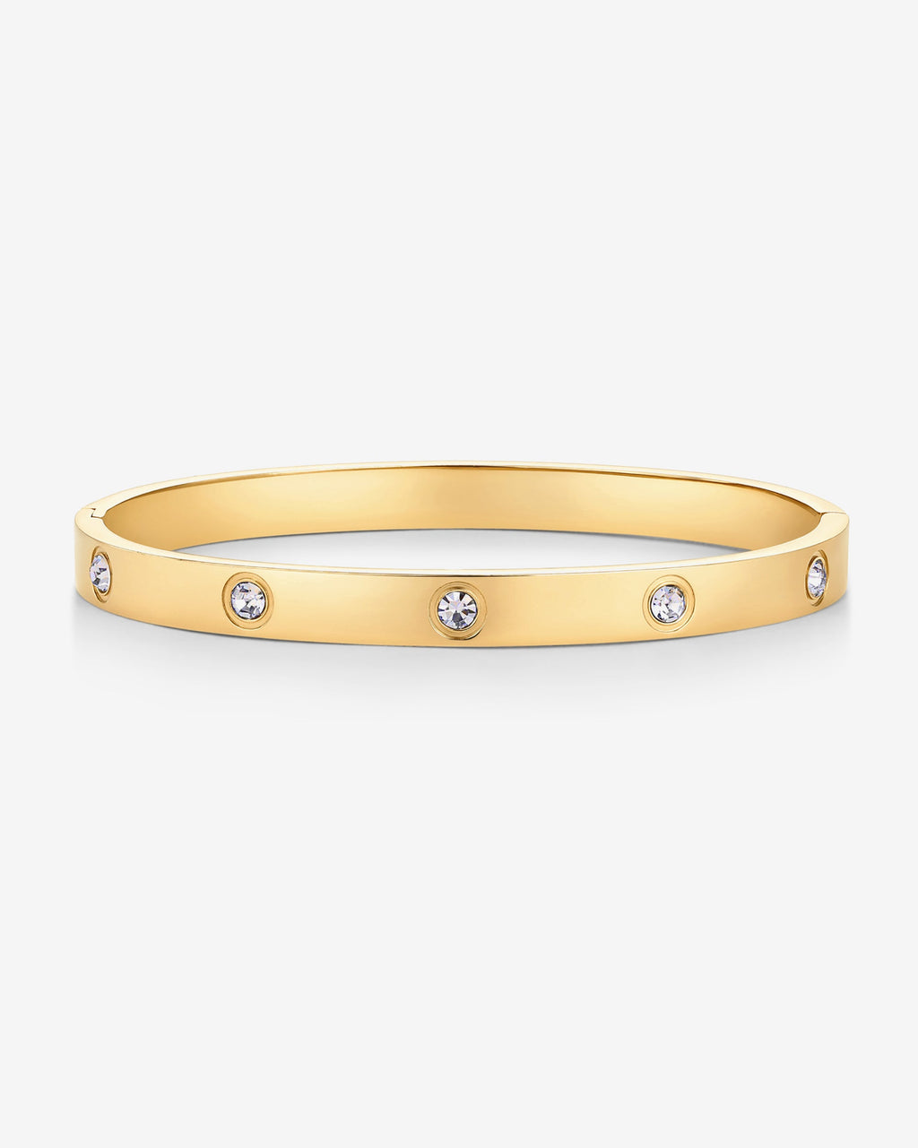 Gold-tone bangle bracelet with round clear stones on a white background (PAVOI reference image; supplier appearance awaits verification)