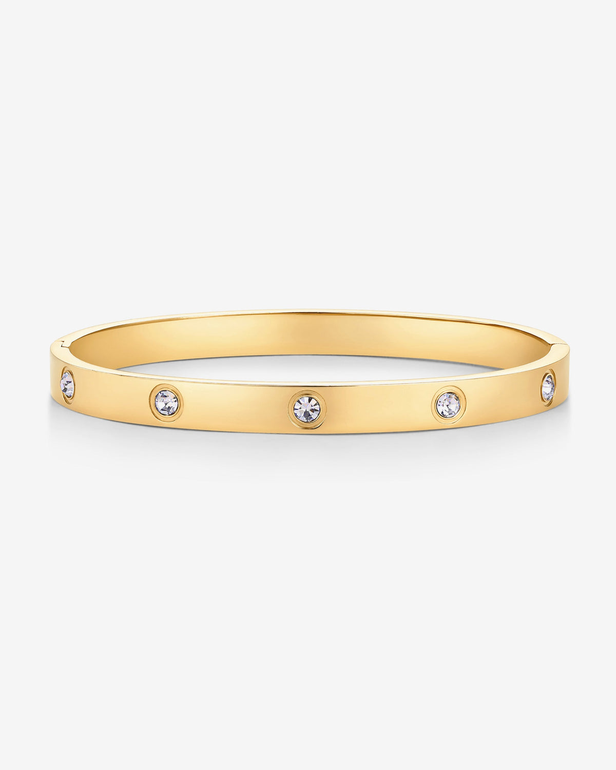 Gold-tone bangle bracelet with round clear stones on a white background (PAVOI reference image; supplier appearance awaits verification)