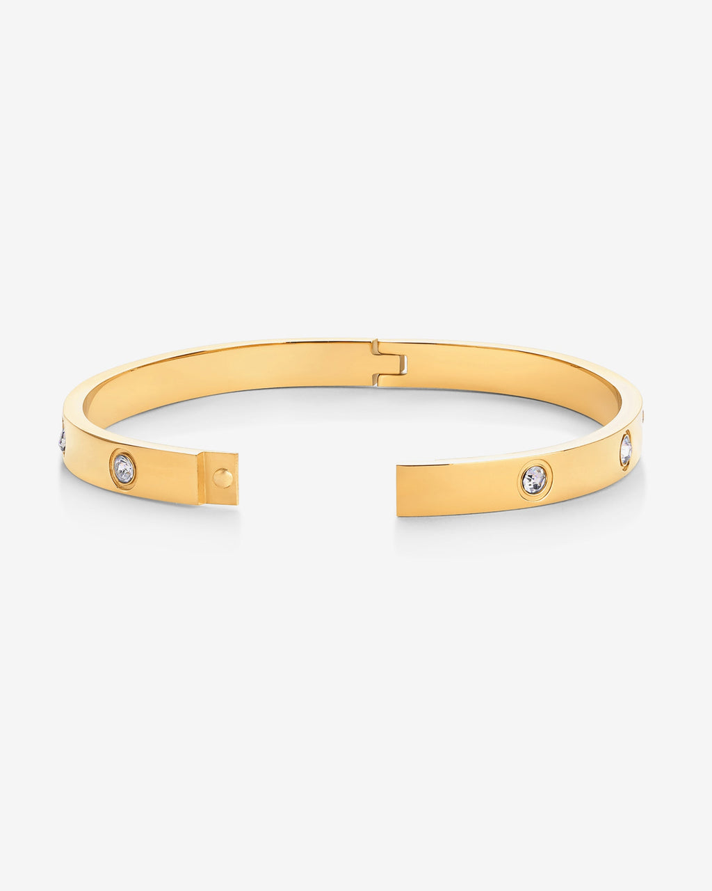 Gold-tone round-stone bangle bracelet with its clasp open (PAVOI reference image; supplier appearance awaits verification)