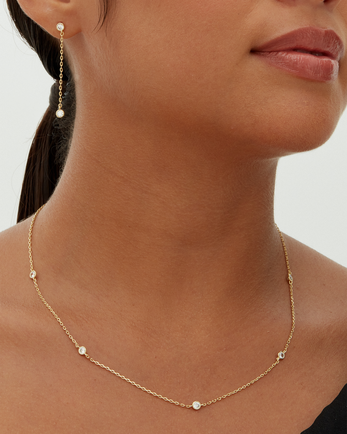 A gold-tone station necklace with round clear stones worn around a model's neck (PAVOI reference image; supplier appearance awaits verification)
