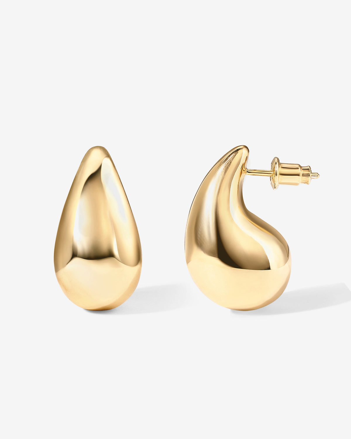 Polished gold-tone teardrop earrings on a white background (PAVOI reference image; color illustration; supplier dimensions unverified)