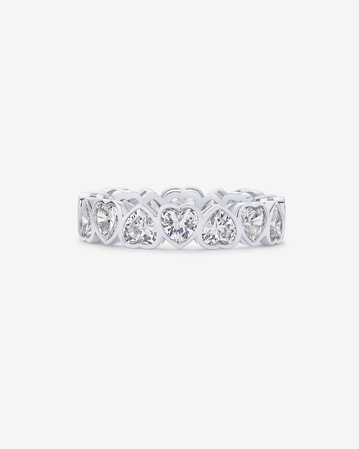 A silver-tone eternity ring with clear heart-shaped stones shown from the front (PAVOI reference image; supplier appearance awaits verification)